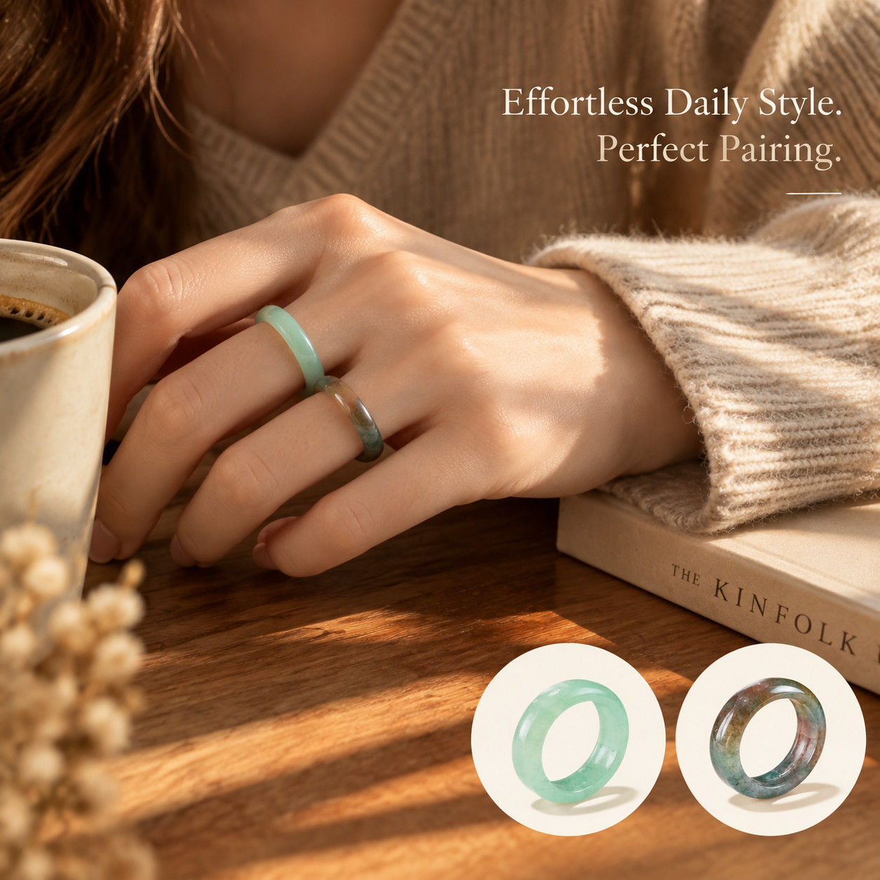 2pc Green Aventurine & Multi-Colour Agate Stackable Ring Set